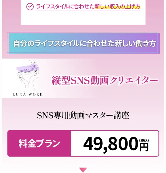 「SNS専用動画マスター講座 料金プラン 49,800円(税込)」と表示するルナワークの広告ページ