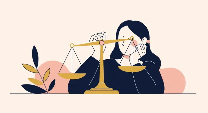自分に合うか落ち着いて考える、天秤で良い点と気になる点を比べる女性のイラスト