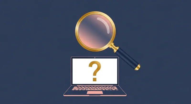 虫めがねでノートパソコンの上の疑問符を冷静に調べる様子を表したイラスト