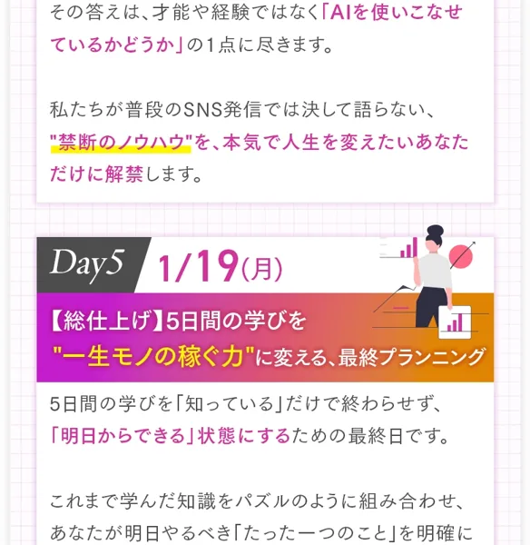 「禁断のノウハウ」「Day5 5日間の学びを“一生モノの稼ぐ力”に変える最終プランニング」とAI活用を訴求する広告ページ