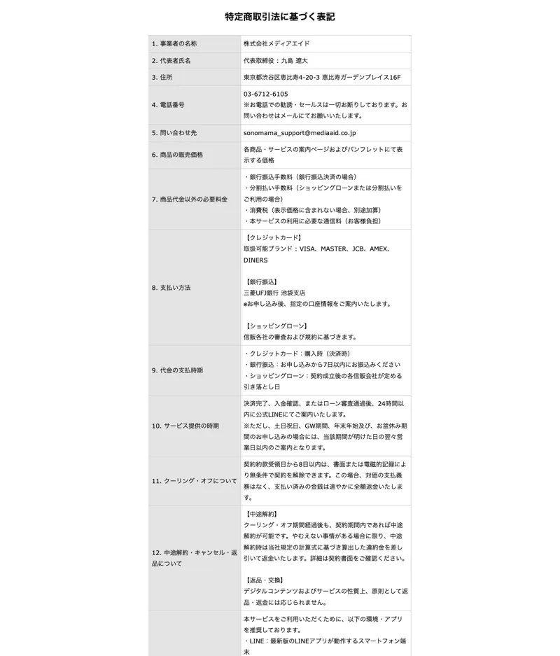 sonomamaの特定商取引法ページ。販売会社「株式会社メディアエイド」、責任者「九島遼大」、8日以内のクーリングオフ条項が記載された画面